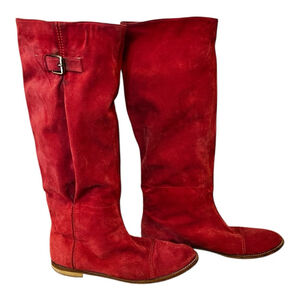 Vintage Italian Red Suede Knee-High Boots, 40 (9-10), Bench-Made